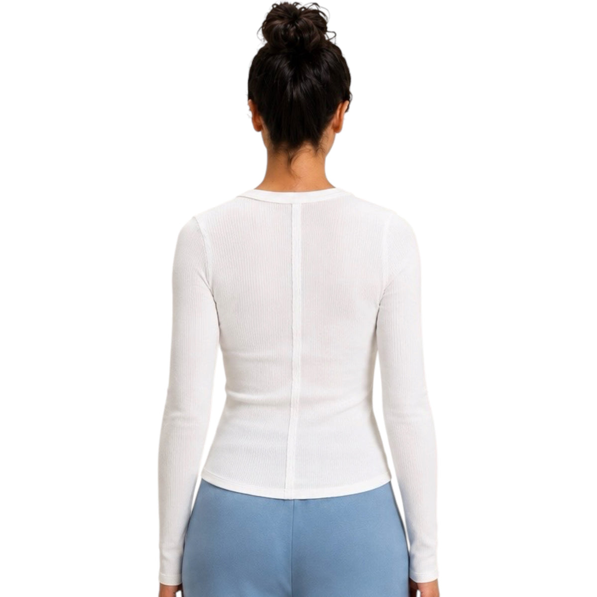 White Henley Ribbed Long Sleeve Top