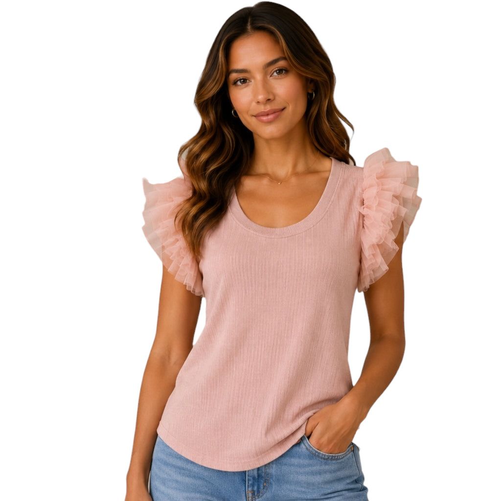 Dusty Rose Mesh Ruffle Detailed Sleeve Top