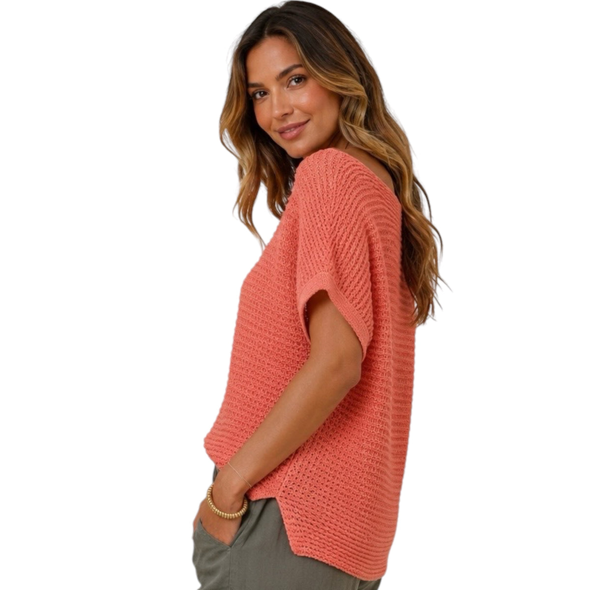 Coral Crew Neck Knitted Baggy Sleeve Sweater