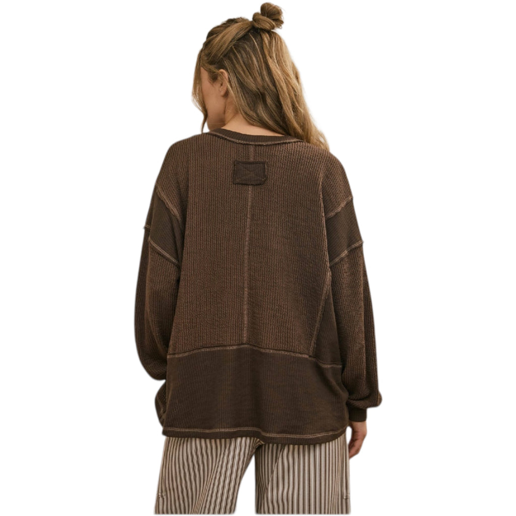 Chocolate Brown Split Neck Long Sleeve Top