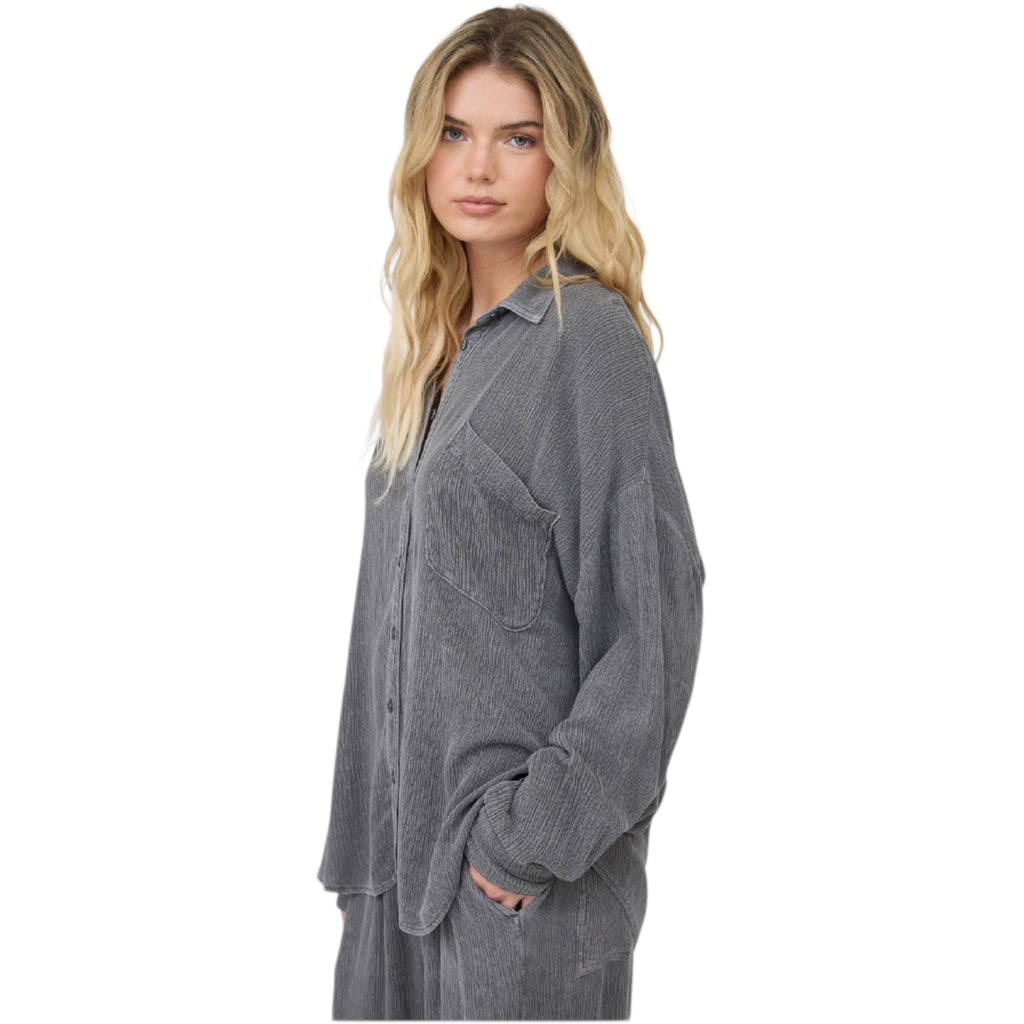 Charcoal Crinkle Long Sleeve Button Down