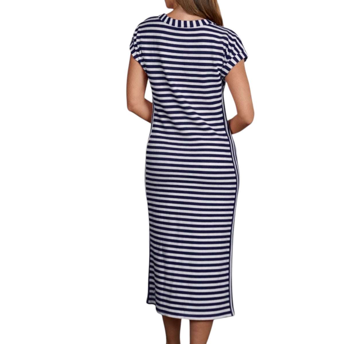 Navy Striped Henley Knit Midi Dress