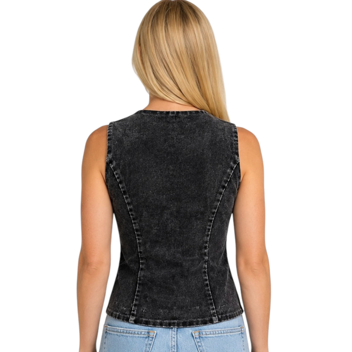 Black Mineral Washed Sleek Buttoned Vest