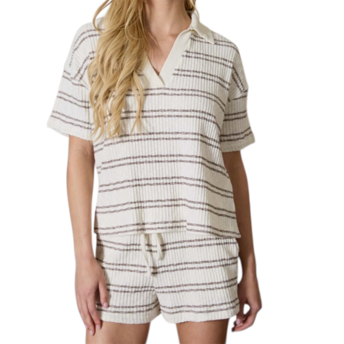 Marled Stripe Collared Knit Shorts Set
