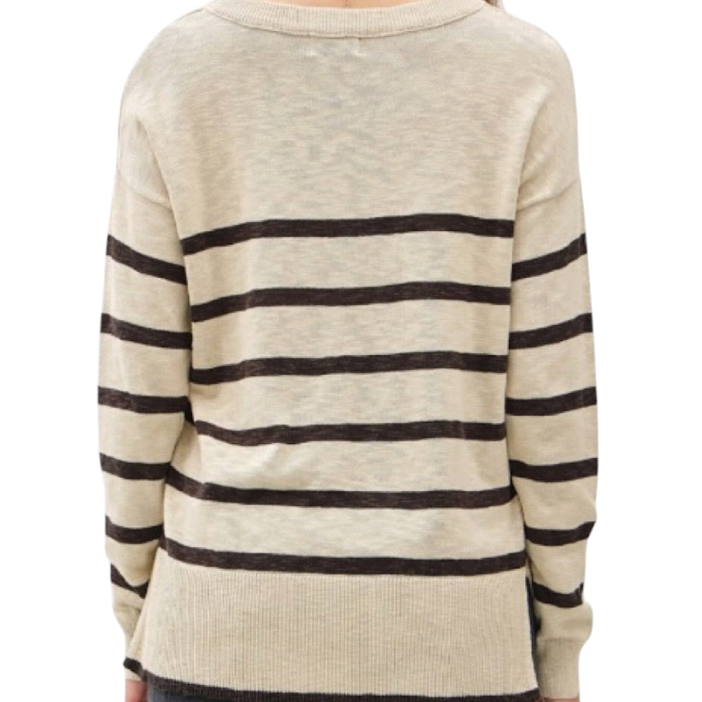 Natural Striped Slub Yarn Round Neck Sweater