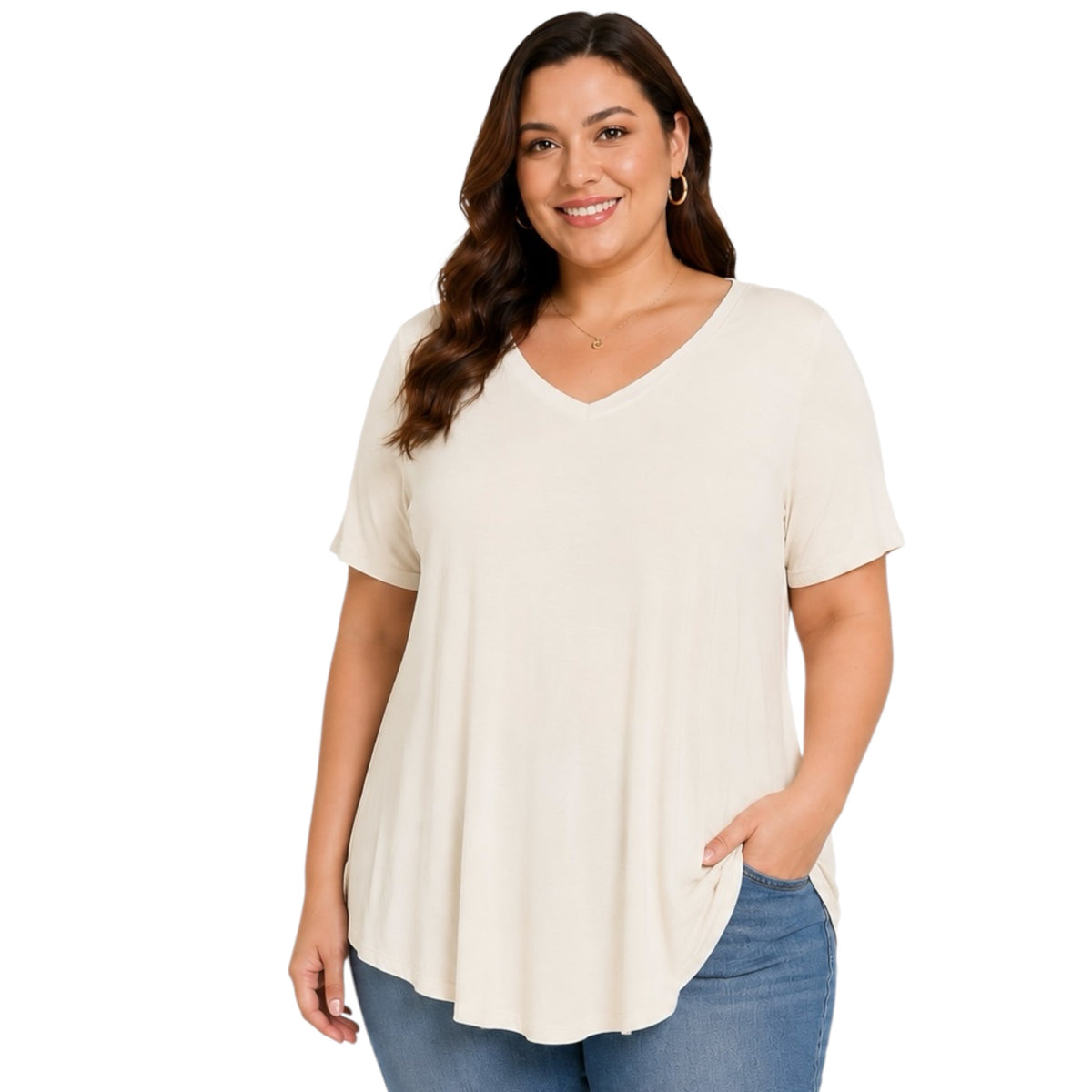 Plus Beige Rayon Short Sleeve V-Neck Top