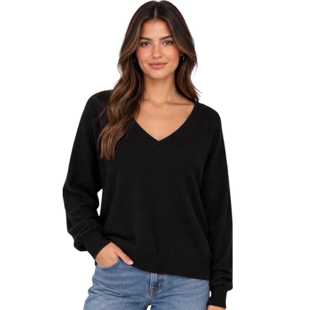 Black V-Neck Long Sleeve Top