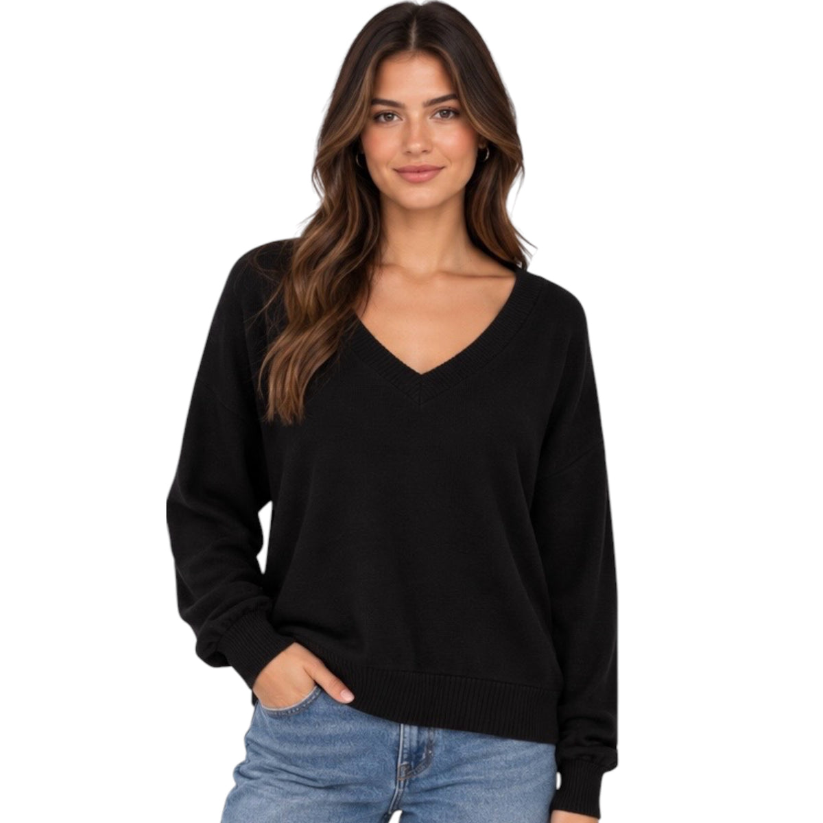 Black V-Neck Long Sleeve Top