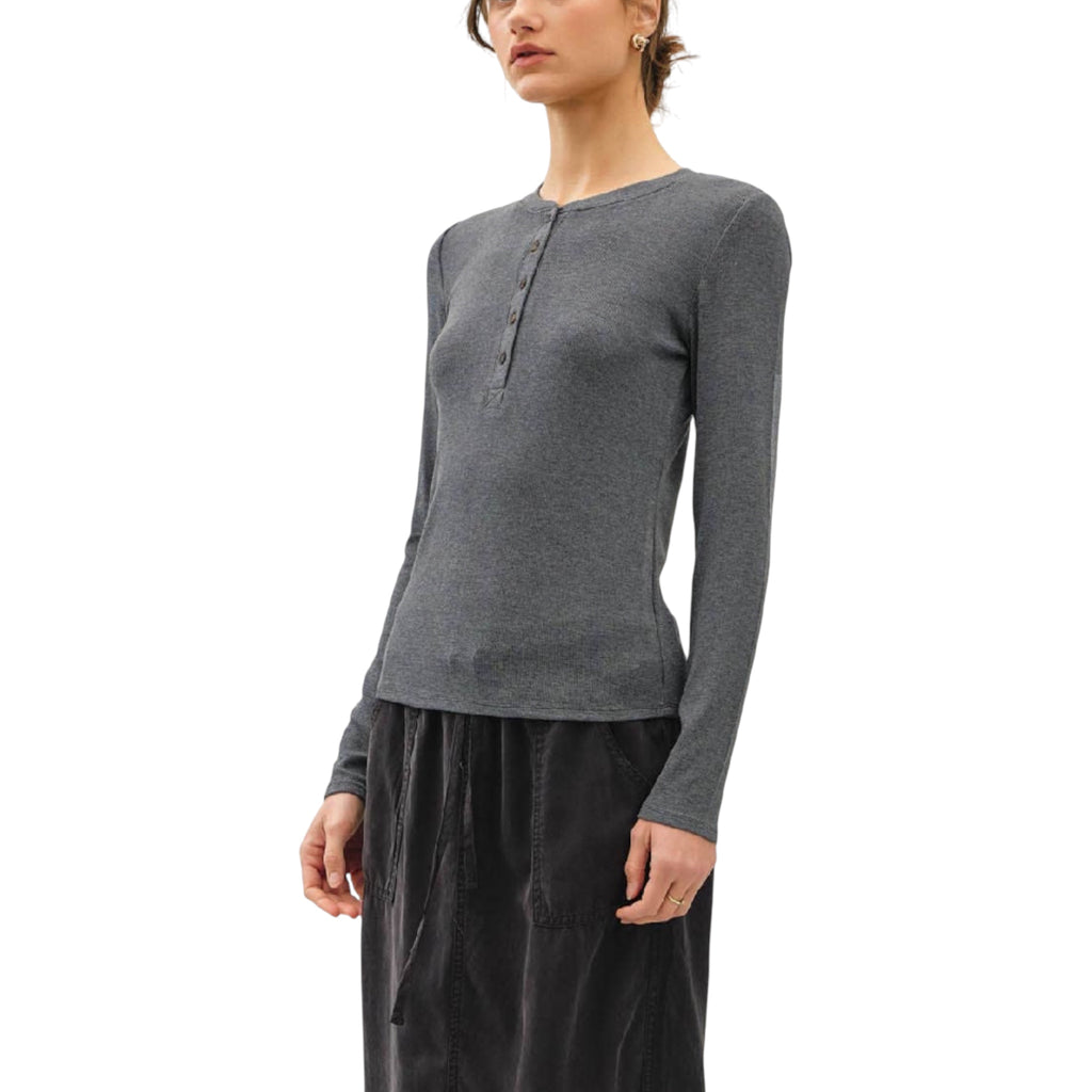 Grey Modal Classic Ribbed Long Sleeve Henley Top