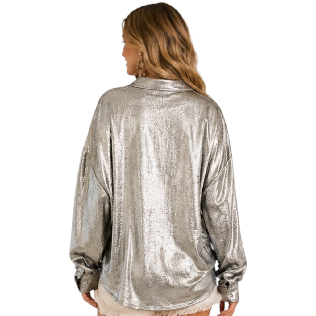Silver Front Tie Metallic Shiny Blouse