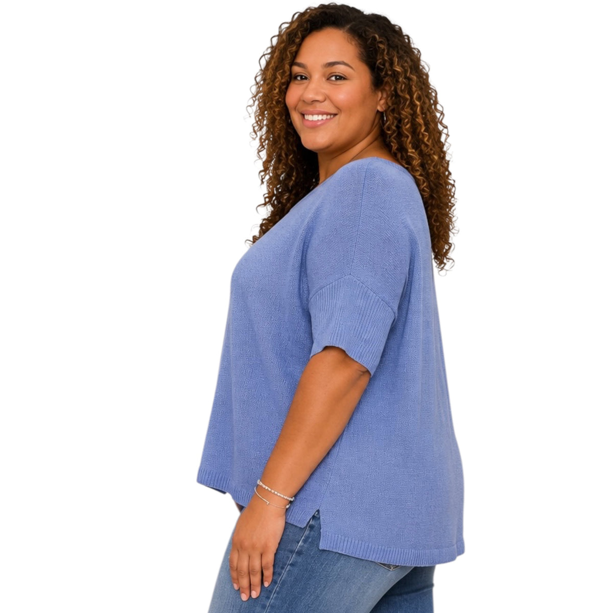 Plus Denim Blue Knit Short Sleeve Top
