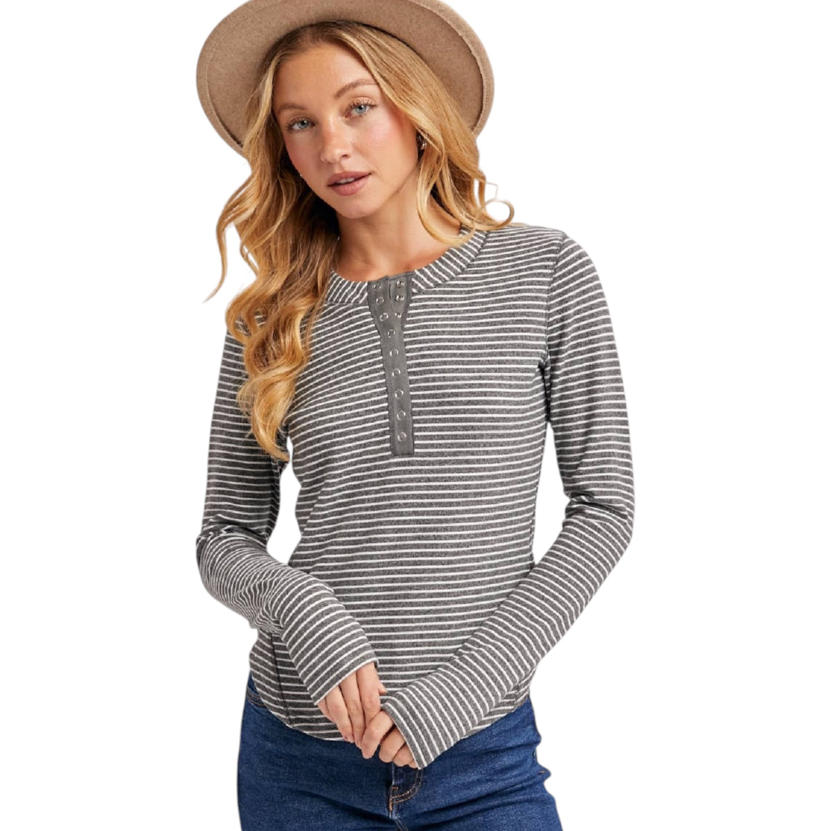 Grey Striped Henley Knit Top