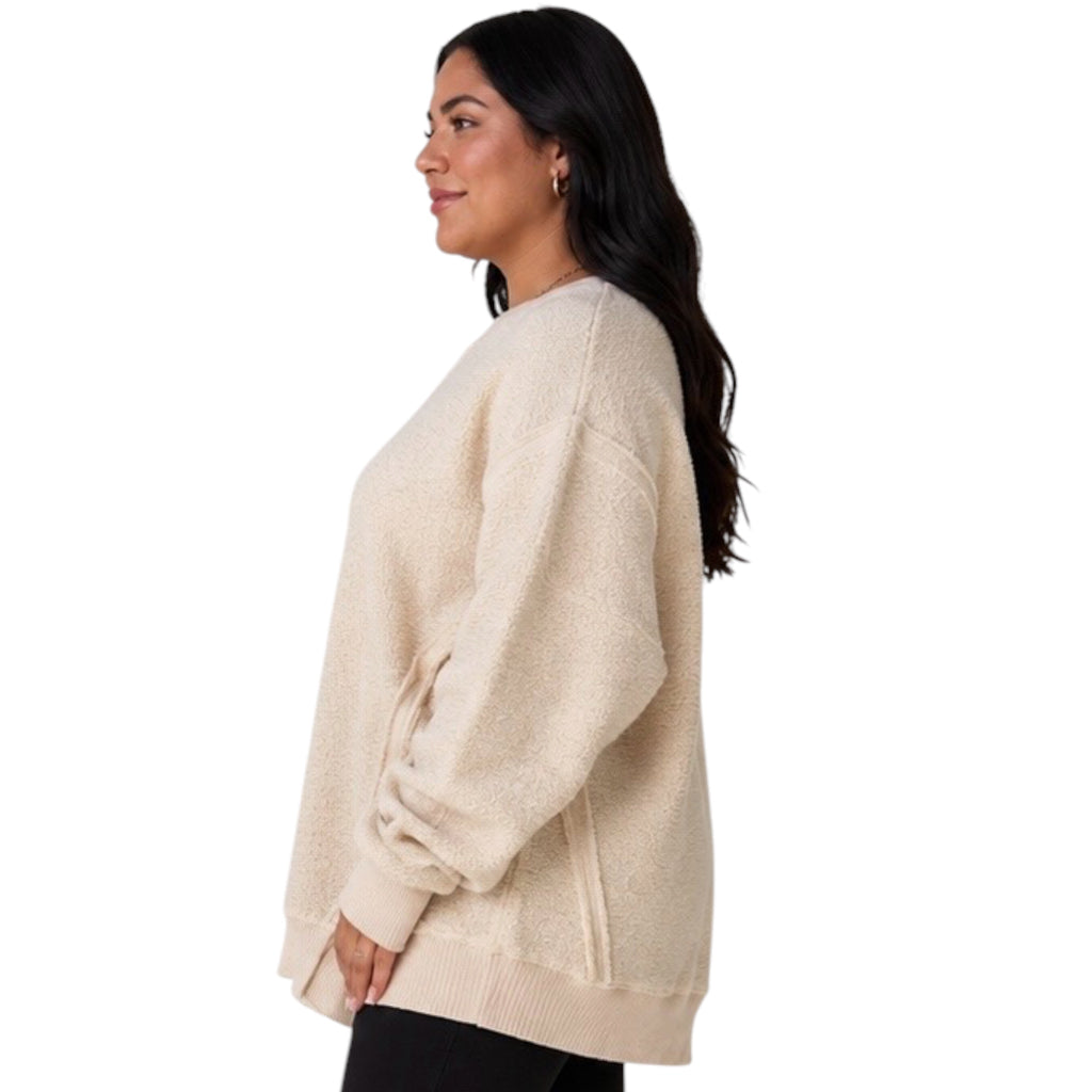 Cream Oversized Casual Solid Fleece Top