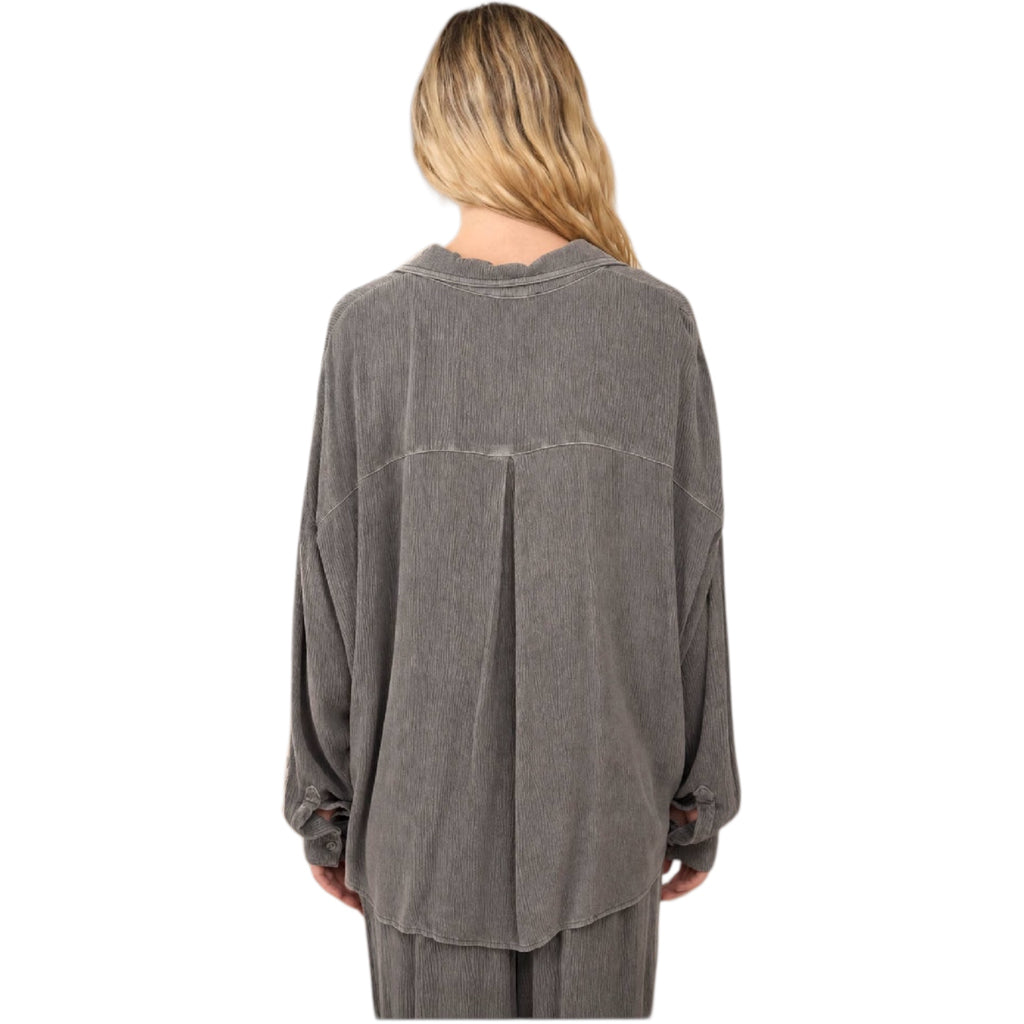 Charcoal Crinkle Long Sleeve Button Down