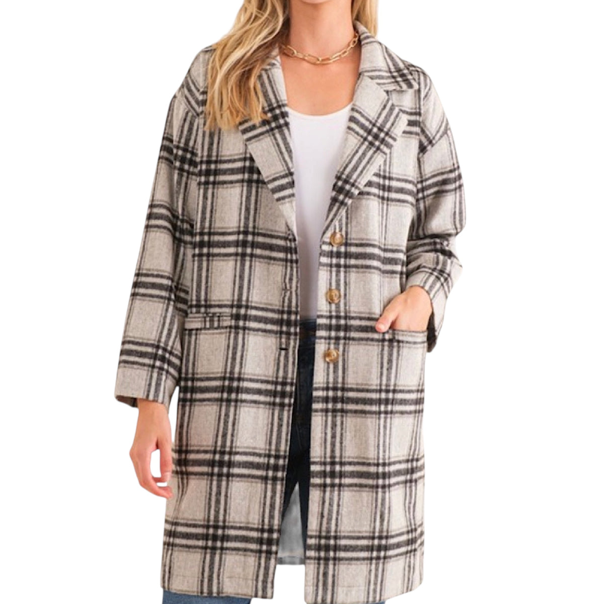 Black Plaid Button Down Coat with Slip Pockets
