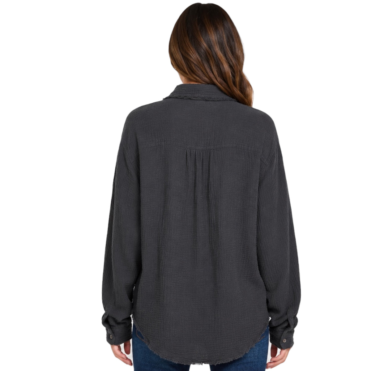 Black Double Gauze Oversized Raw Edge Shirt