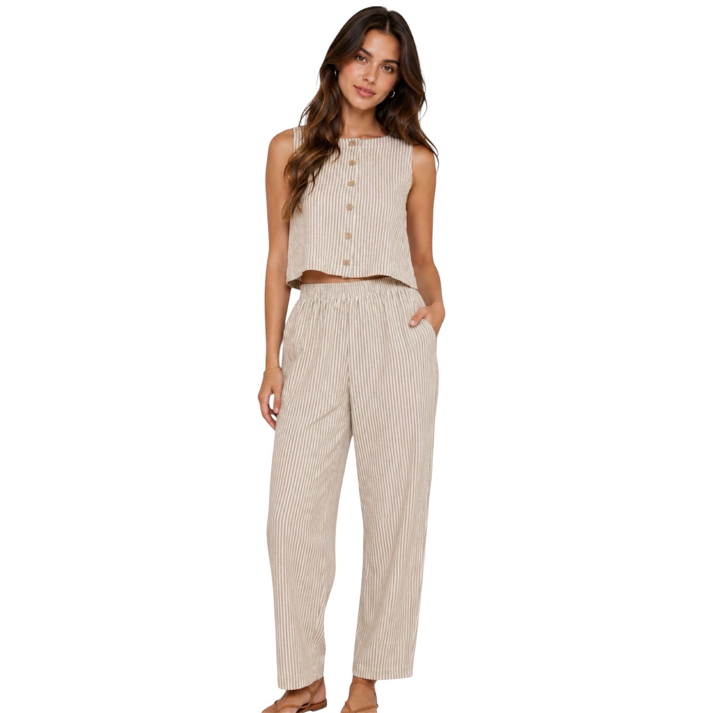 Mocha Stripe Sleeveless Button Down Top