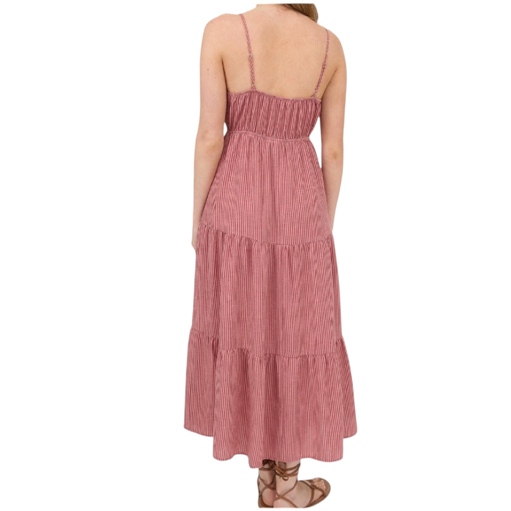 Mauve Stripe Front Tie Cutout Tiered Midi Sundress