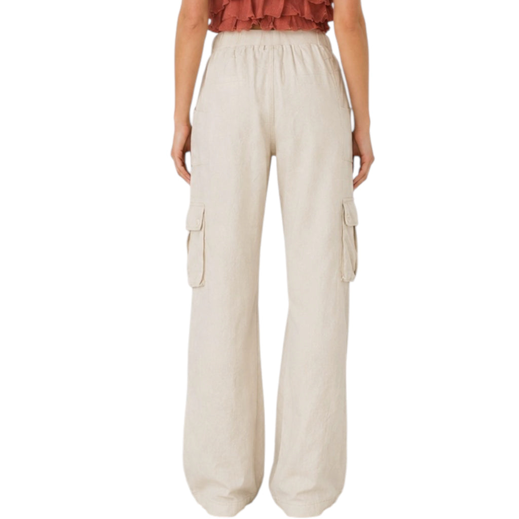 RISEN RDNP8049 Taupe High Rise Linen Wide Cargo Pants