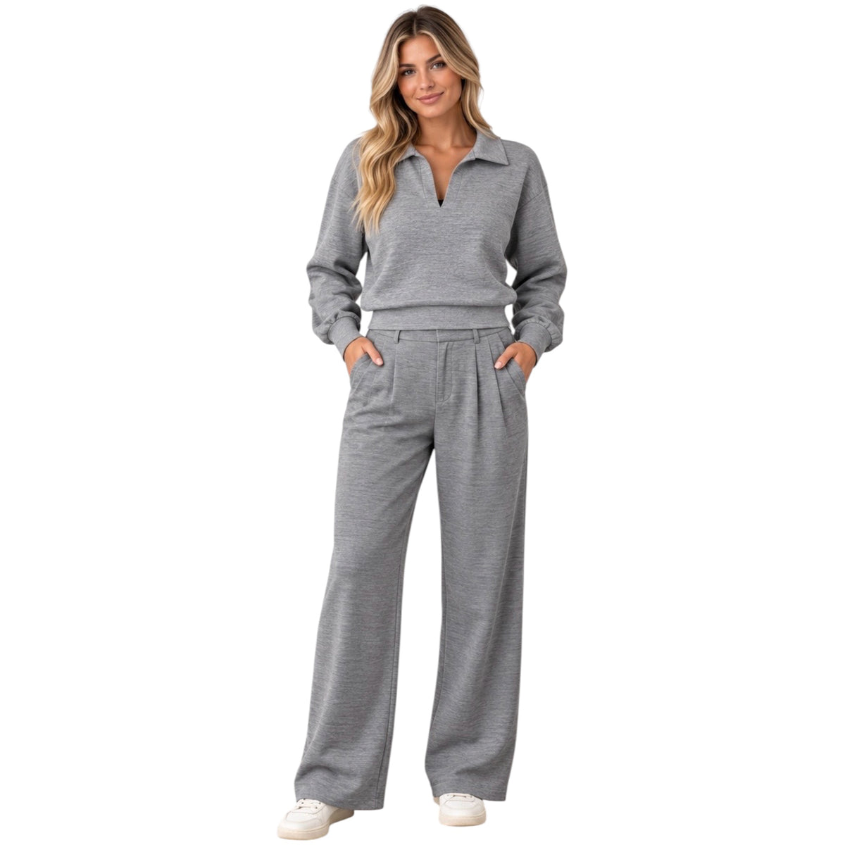 Charcoal Collared Top and Pleated Slacks Set