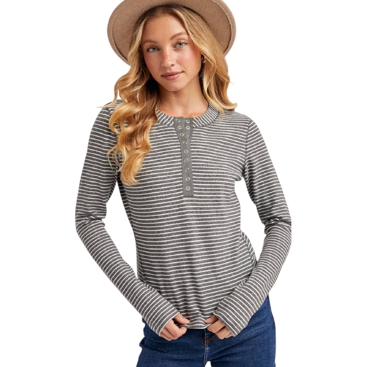Grey Striped Henley Knit Top