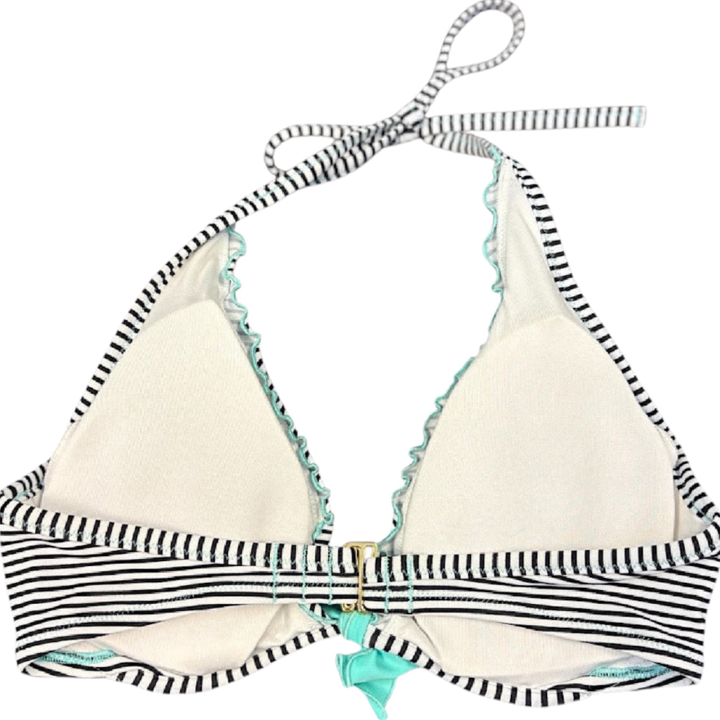 Victoria's Secret Black & White Stripe Bikini Top with Turquoise Bow Size 32DD-RF