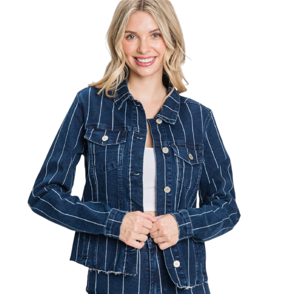 Petra153 P292J-DK Stripe Print Stretch Crop Jacket