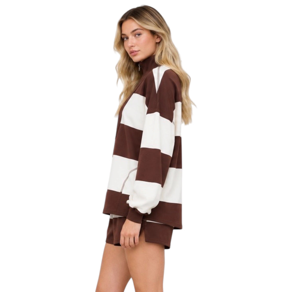 Brown Wide Stripe Knit Top and Short Set