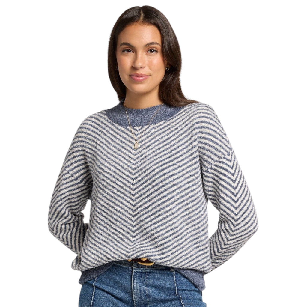 Harvest Moon Mock Neck Stripe Sweater- Dark Country Blue 