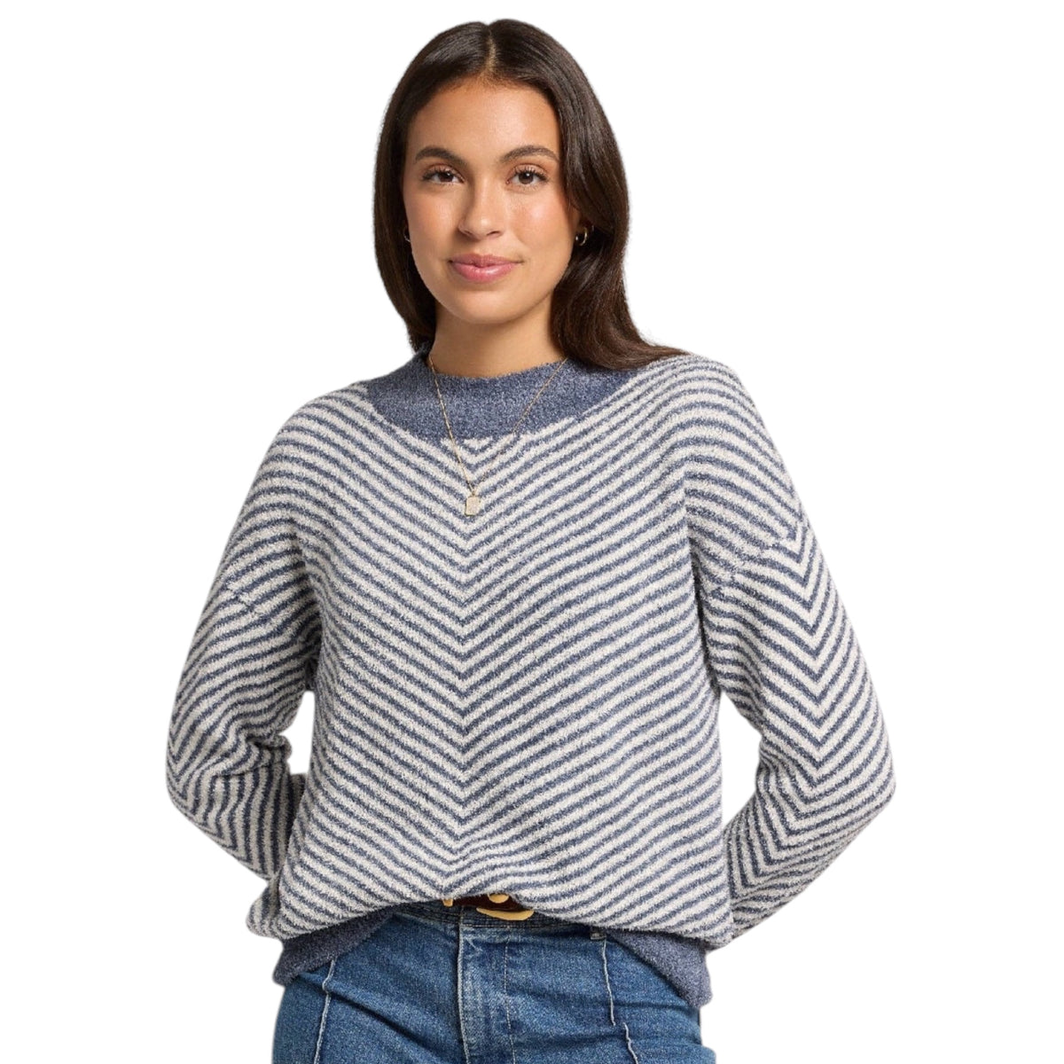 Harvest Moon Mock Neck Stripe Sweater- Dark Country Blue 