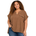 Plus Brown Split Neck Back Button Short Fold Sleeve Top