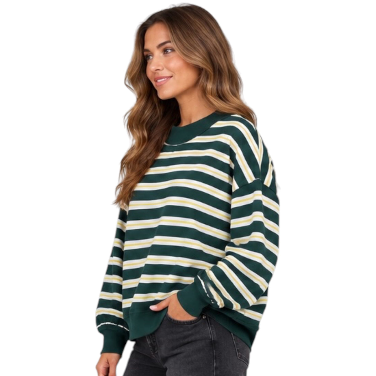 Hunter Green Wide Neck Striped Sweater