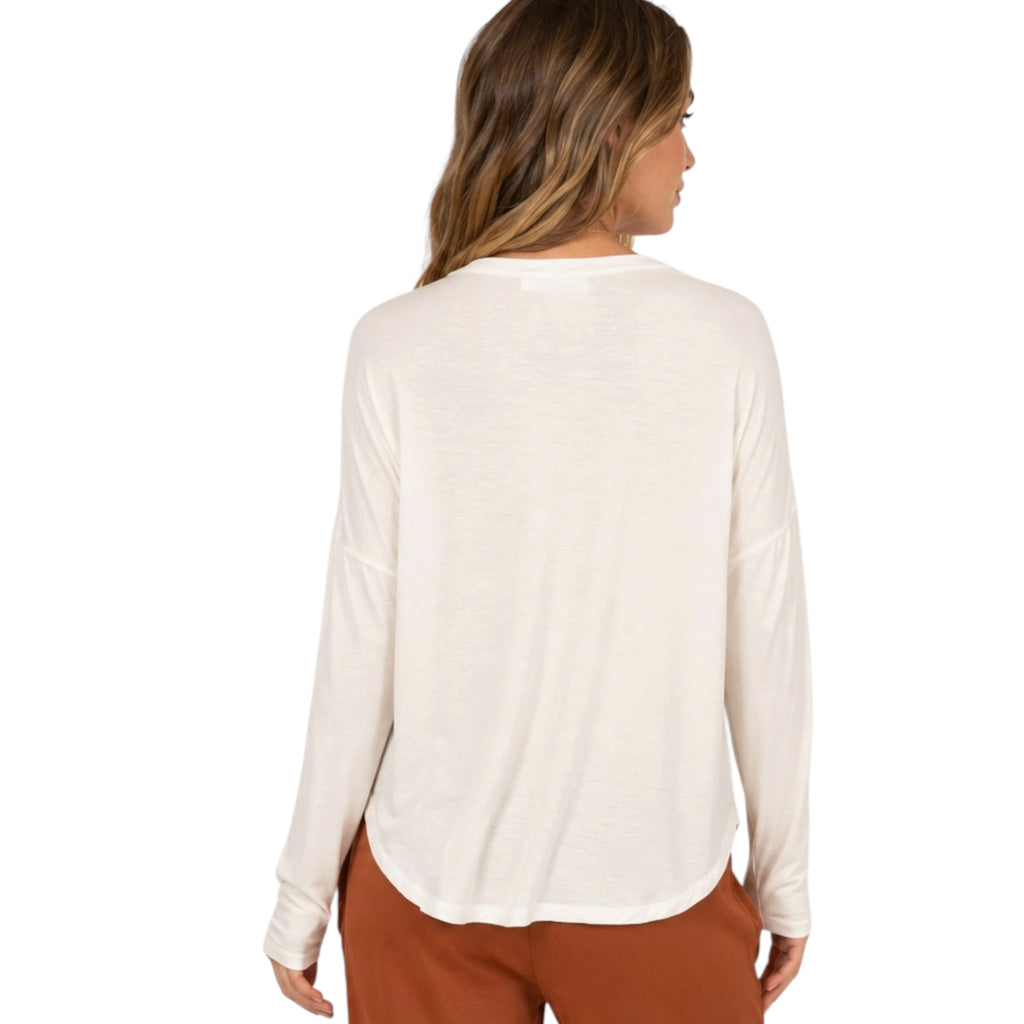 Off White Round Neck Long Sleeve Curved Hem Top