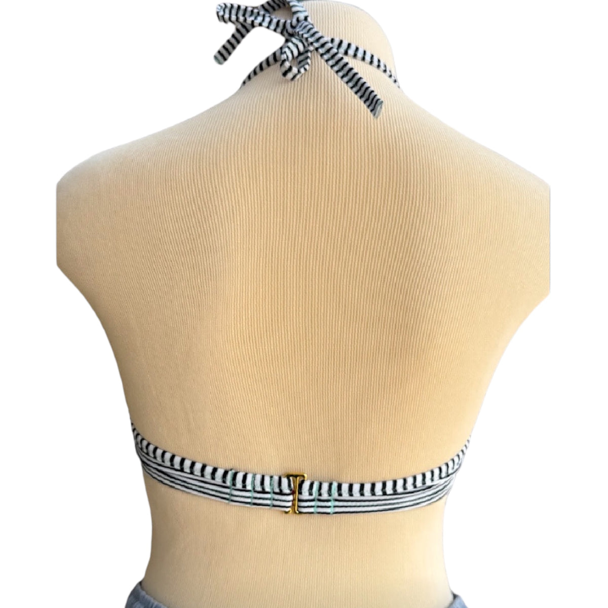 Victoria's Secret Black & White Stripe Bikini Top with Turquoise Bow Size 32DD-RF