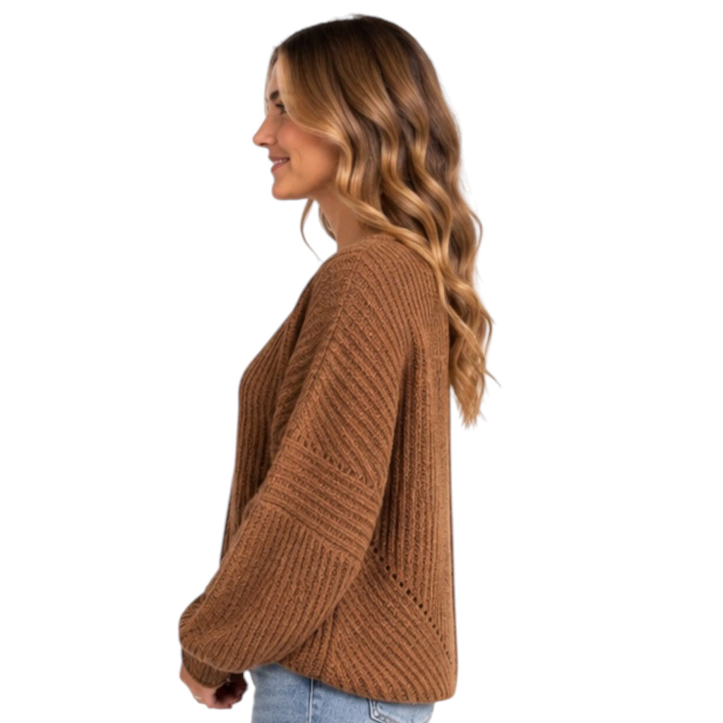 Brown Ribbed Drop Sleeve Sweater