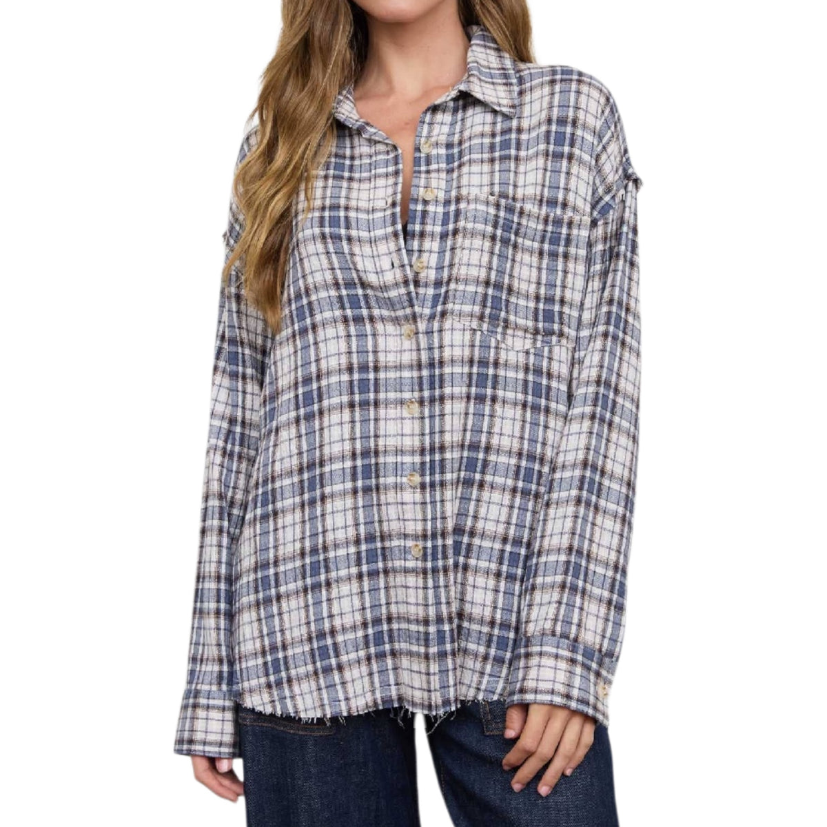 Blue Plaid Collared Button Down Top