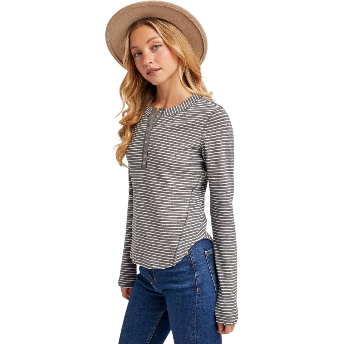 Grey Striped Henley Knit Top