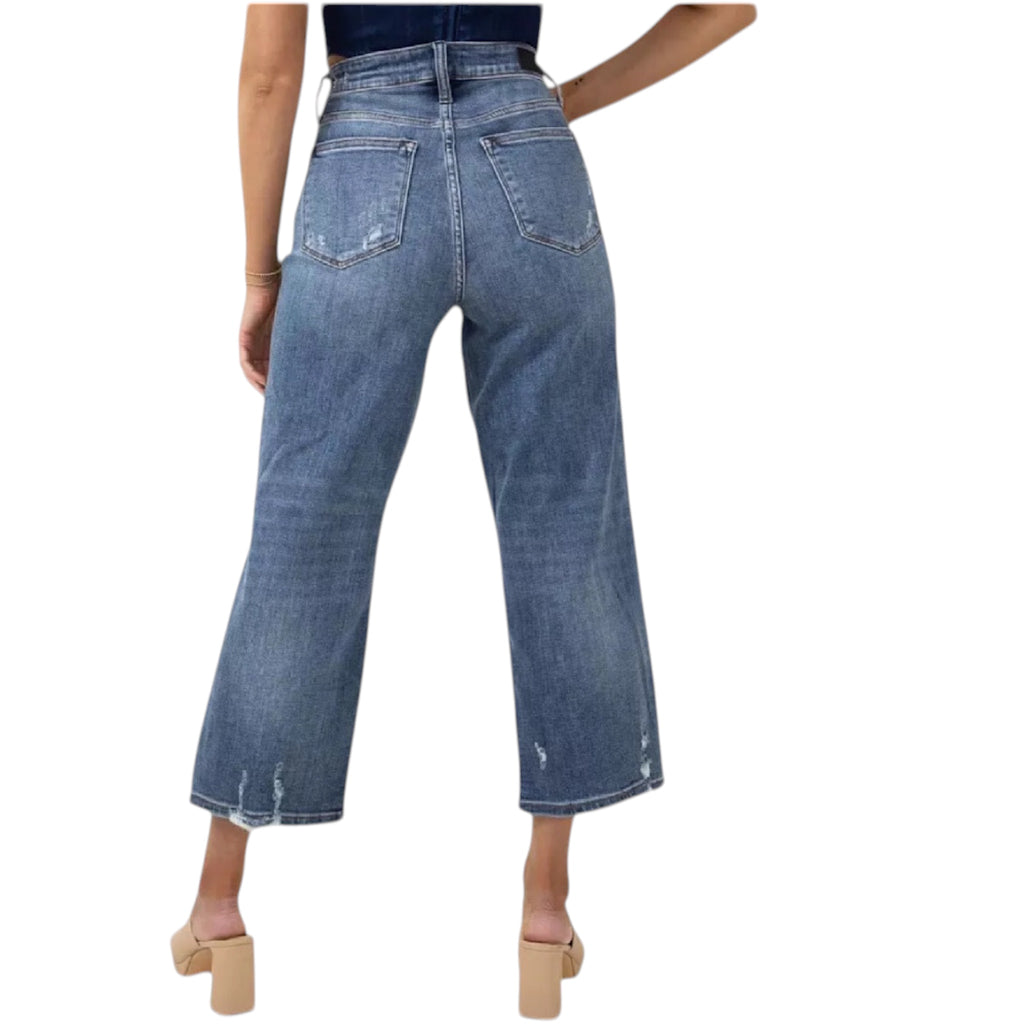 Judy Blue JB82509 Medium Wash H/W Button Fly Wide Leg Crop with Destroy
