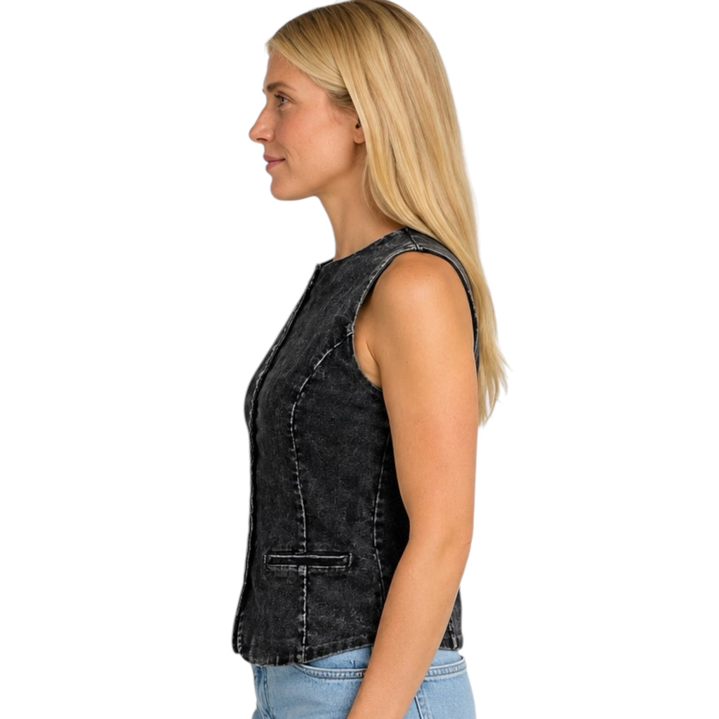 Black Mineral Washed Sleek Buttoned Vest