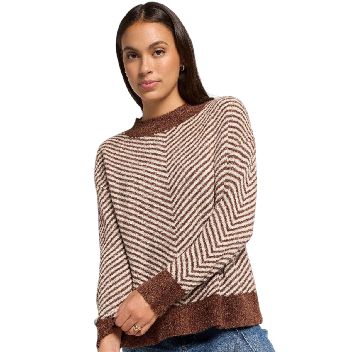 Harvest Moon Mock Neck Stripe Sweater- Mahogany 