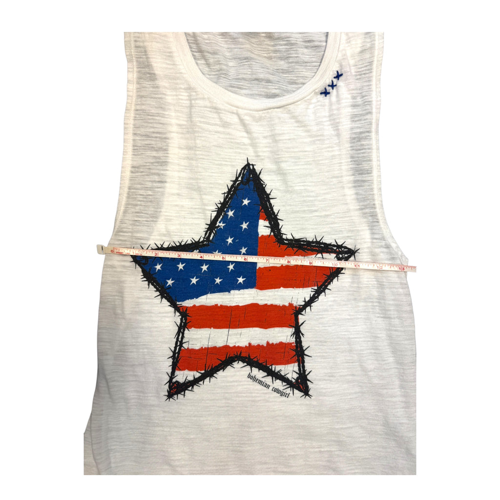 Bohemian Cowgirl Flag Printed Star White Tank Size Small -RF
