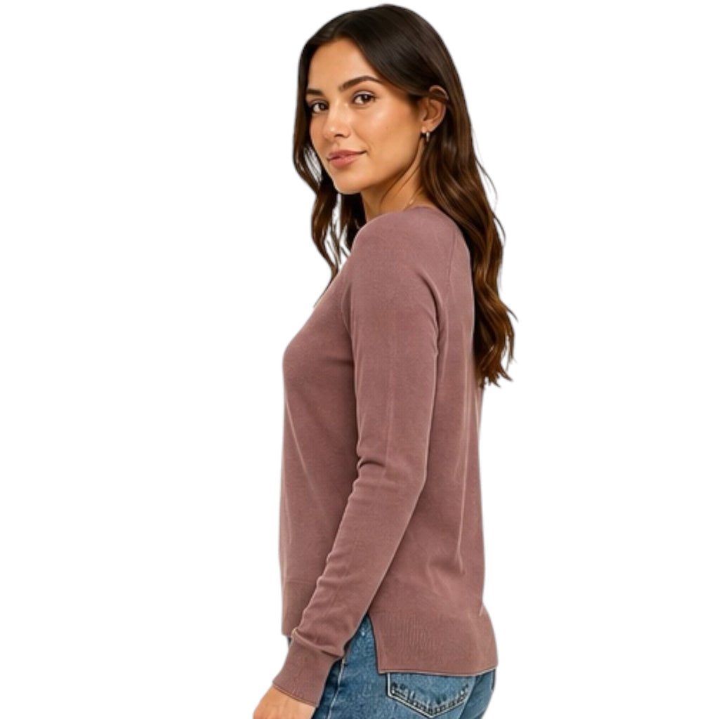 Chocolate Lightweight Round Neck Sweater with Side Slits