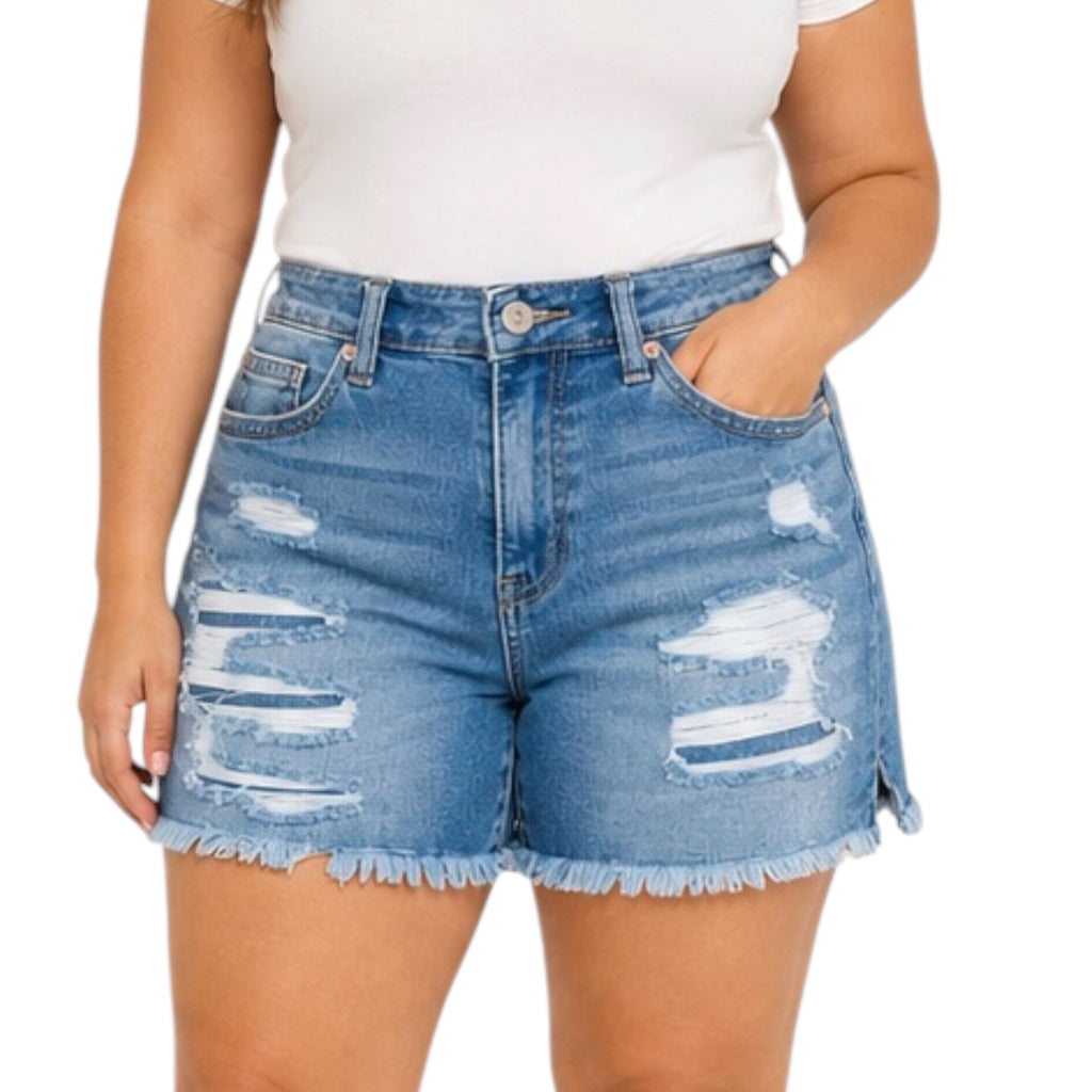 JB150122PL Patched Side Slit Cutoff Shorts