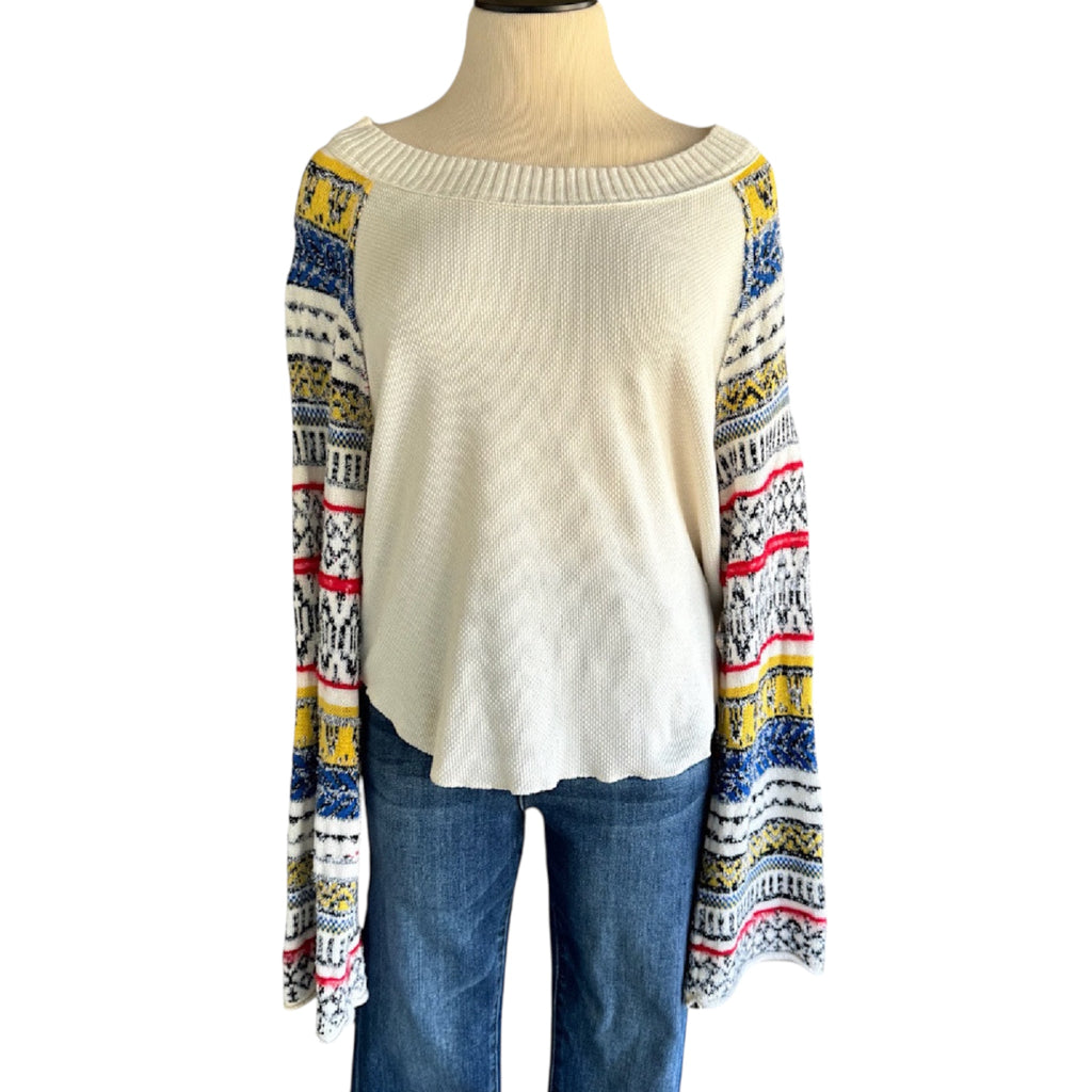 Free People White Sweater with Multi Color Bell Sleeves Size XL-RF