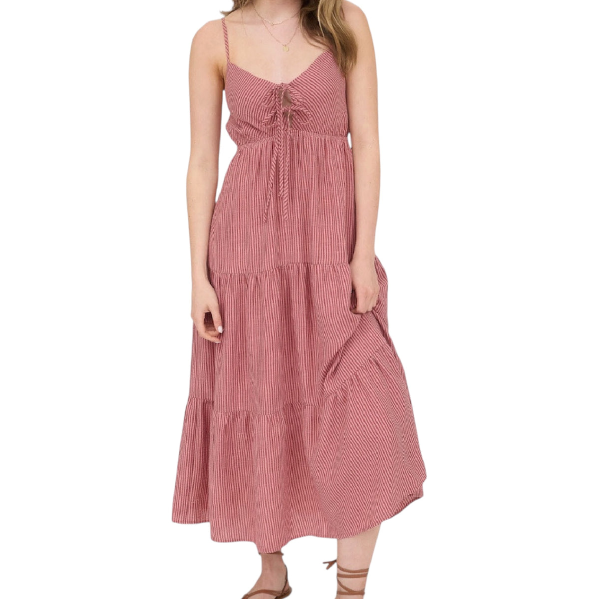 Mauve Stripe Front Tie Cutout Tiered Midi Sundress