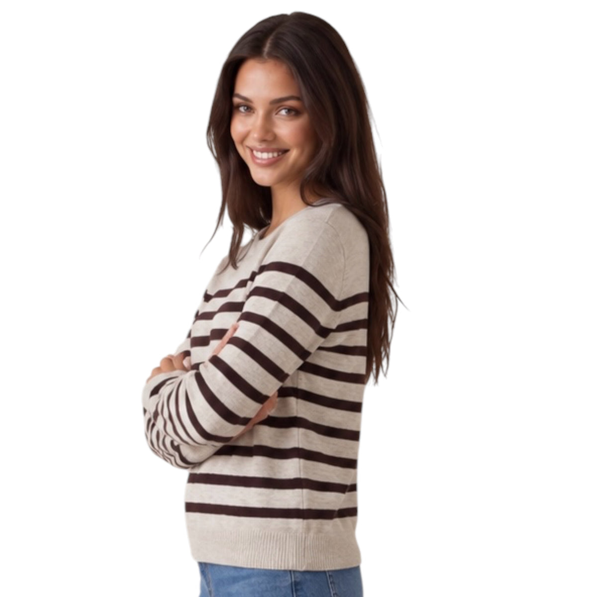 Oatmeal/Brown Long Sleeve Crew Neck Sweater