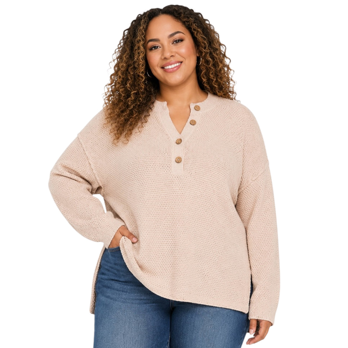 Plus Sand Comfy High/Low Oversized Henley Sweater Top