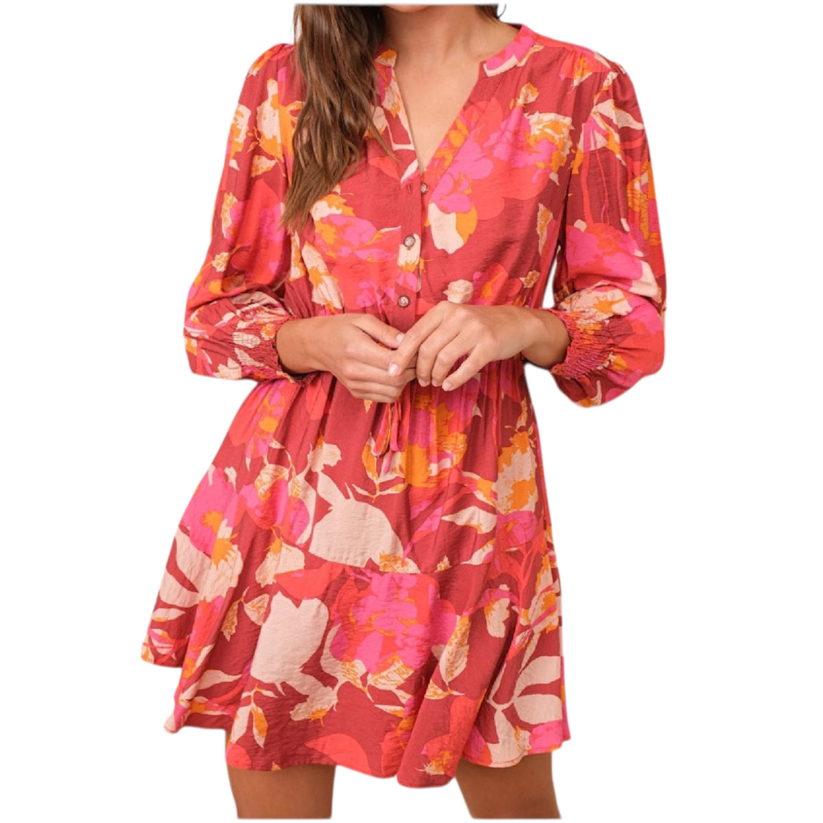 Burgundy Floral Long Sleeve Button Down Mini Dress