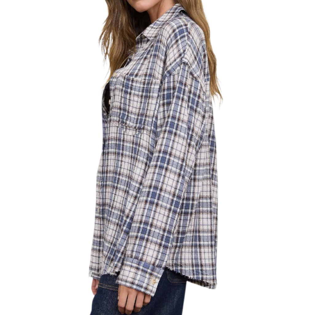 Blue Plaid Collared Button Down Top