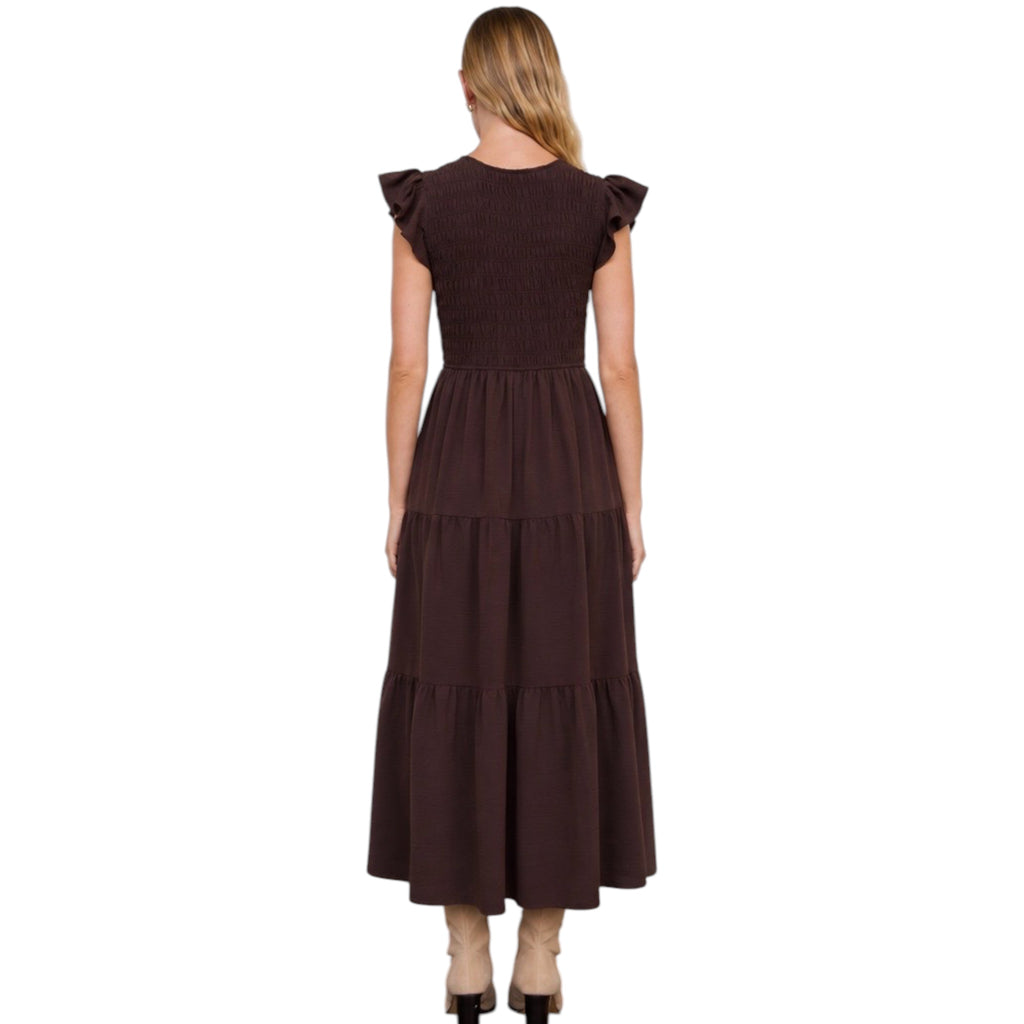 Choco Brown Flutter Sleeve V Neck Smock Midi Dress